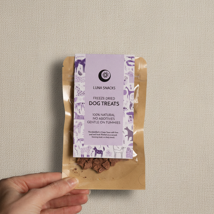 Hand holding a package of Luna Snacks freeze-dried dog treats (size S)