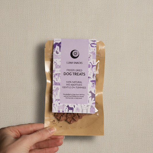 Hand holding a package of Luna Snacks freeze-dried dog treats (size S)